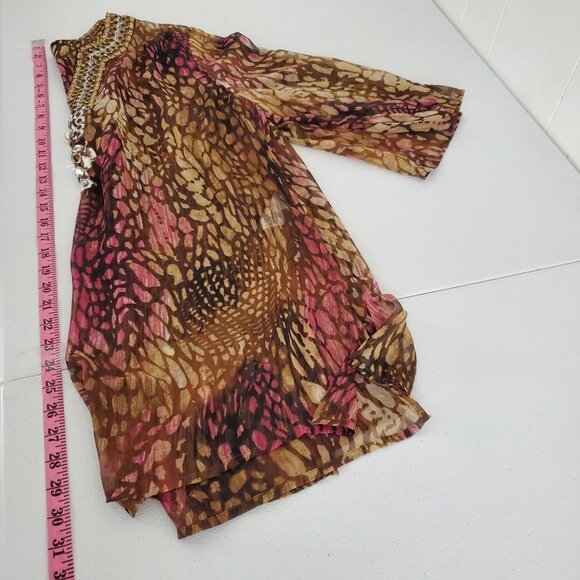 Chicos Womens Beaded Animal Print Tunic Top Size 16 Embellished Neckline Sheer - Picture 9 of 10